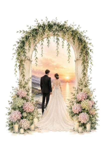 Watercolor illustration of Ziad and Leema hand in hand under a floral arch at sunset over the Dead Sea
