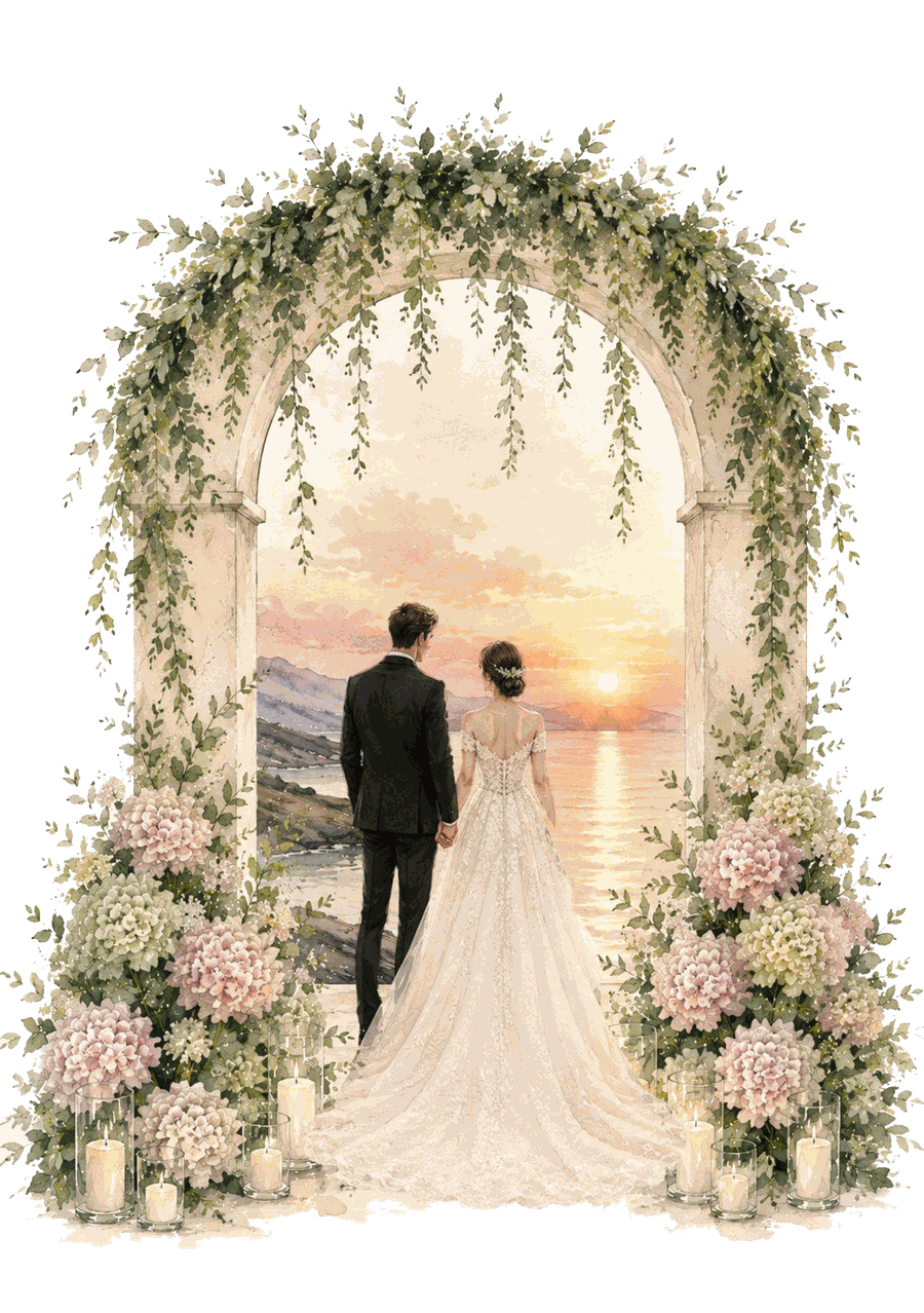 Watercolor illustration of Ziad and Leema hand in hand beneath a greenery and hydrangea arch, watching the sunset over the Dead Sea