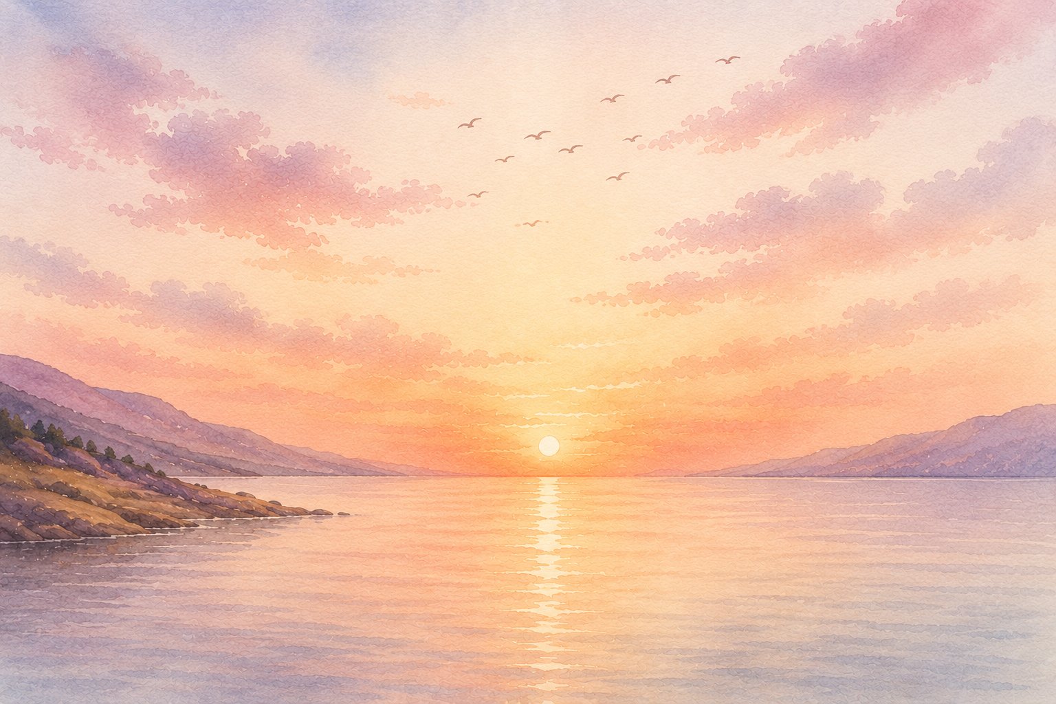 Watercolor painting of a golden sunset over the Dead Sea, birds crossing a soft pink and amber sky